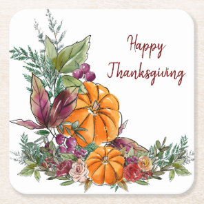 Thanksgiving Watercolor Pumpkins Autumn Square Paper Coaster