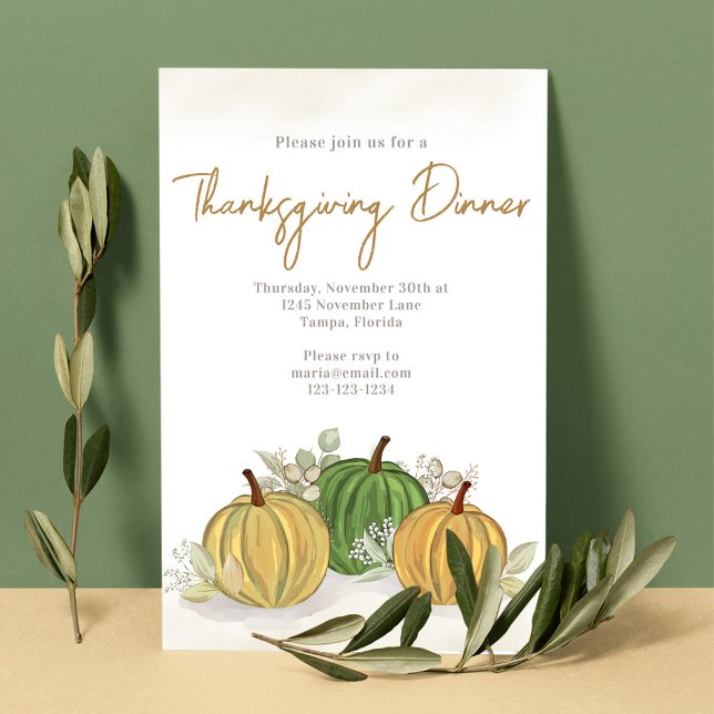 Thanksgiving Watercolor Pumpkins Dinner Invitation (Lovely Thanksgiving dinner invitation with Autumn colored gourds. )