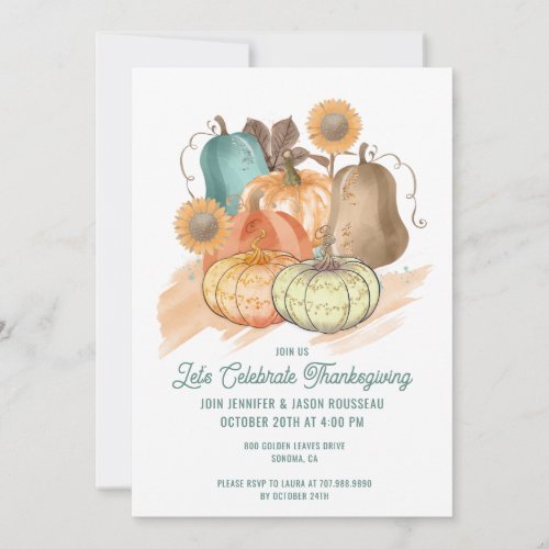 Thanksgiving Watercolor Pumpkins  Invitation