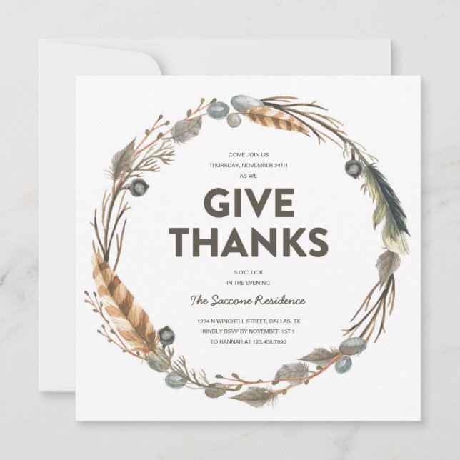 Thanksgiving Watercolor Wreath Dinner Invitation (Front)