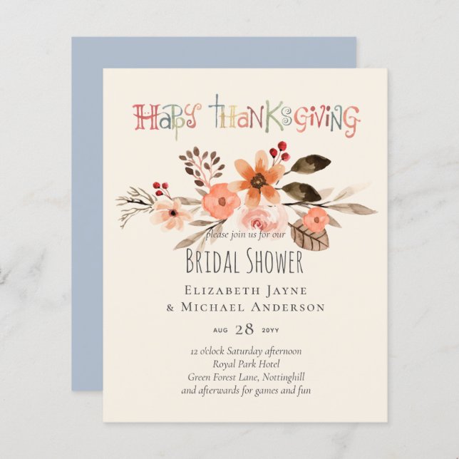 Thanksgiving Wedding Invitations Dusty Blue Orange (Front/Back)
