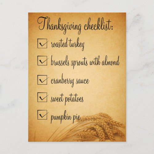 Thanksgiving Wheat Food Checklist Postcard