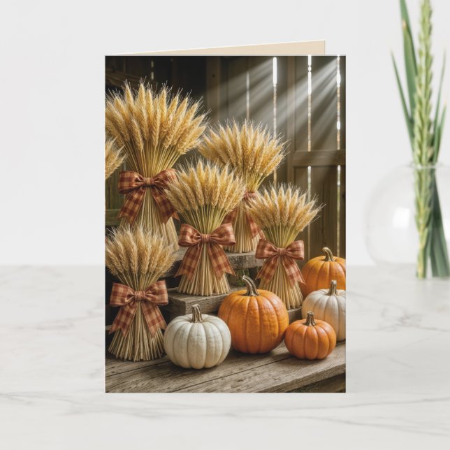 Thanksgiving Wheat Sheaves In Barn With Pumpkins Card (Front)