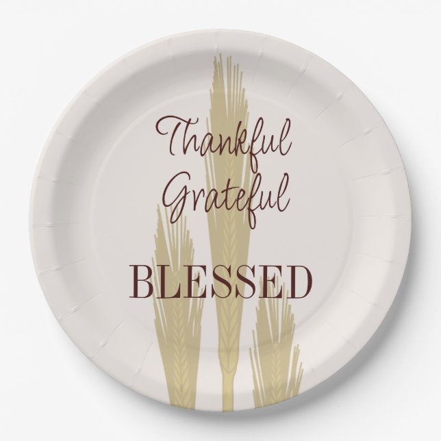 Thanksgiving Wheat Thankful Grateful Blessed 9" Paper Plates (Front)