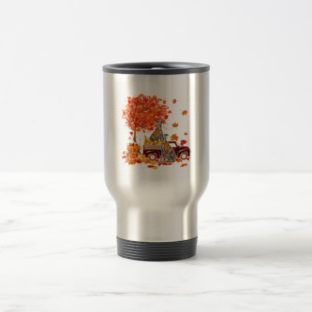 Thanksgiving Whippet Riding Red Plaid Pickup Truck Travel Mug (Center)
