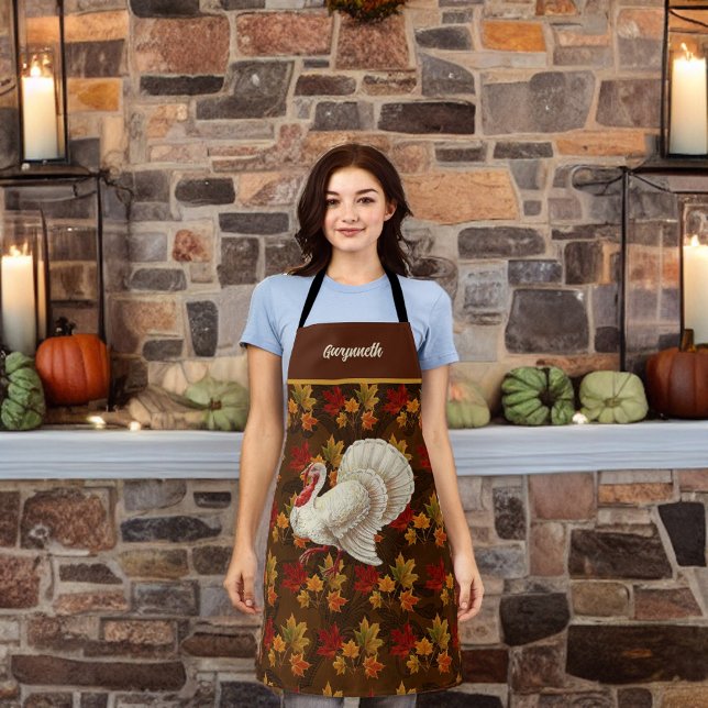 Thanksgiving White Turkey Autumn Leaves Monogram Apron (Creator Uploaded)