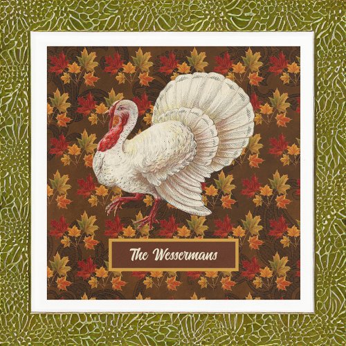 Thanksgiving White Turkey Autumn Leaves Monogram Napkins