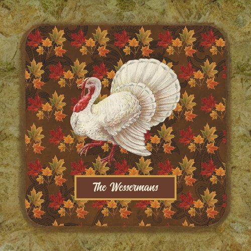 Thanksgiving White Turkey Autumn Leaves Monogram Square Paper Coaster