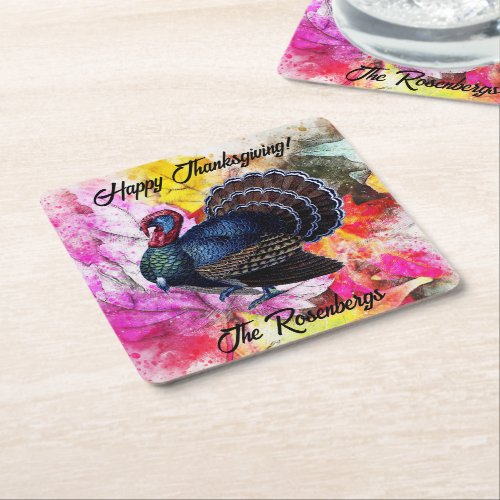  Thanksgiving Wild Turkey Tom and Leaves  Square Paper Coaster