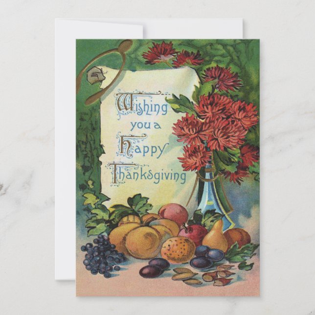Thanksgiving Wishbone Fruit Vase Flowers Holiday Card (Front)