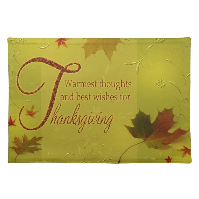 Thanksgiving Wishes Typography Leaves Cloth Placemat (Front)