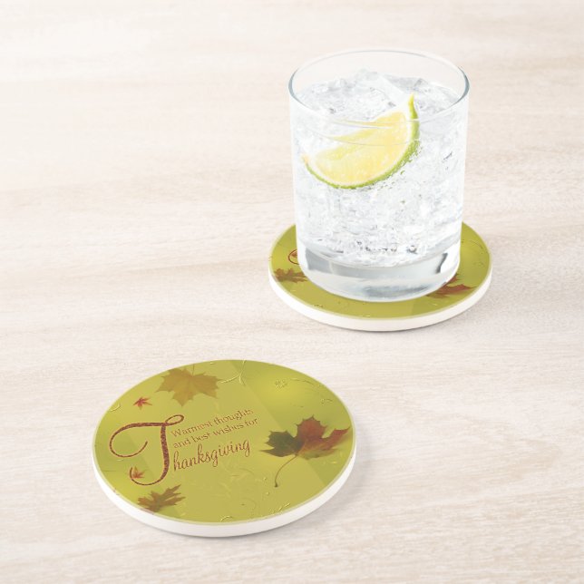 Thanksgiving Wishes Typography Leaves Drink Coaster (Side)