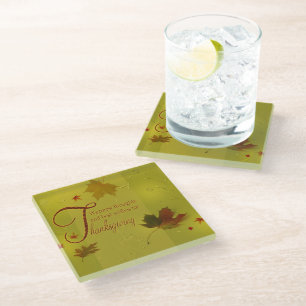 Thanksgiving Wishes Typography Leaves Glass Coaster