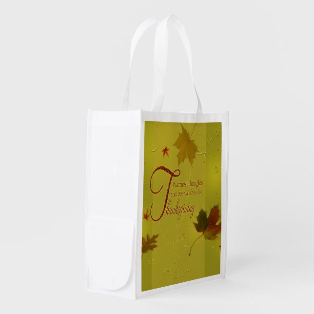 Thanksgiving Wishes Typography Leaves Reusable Grocery Bag (Front Side)