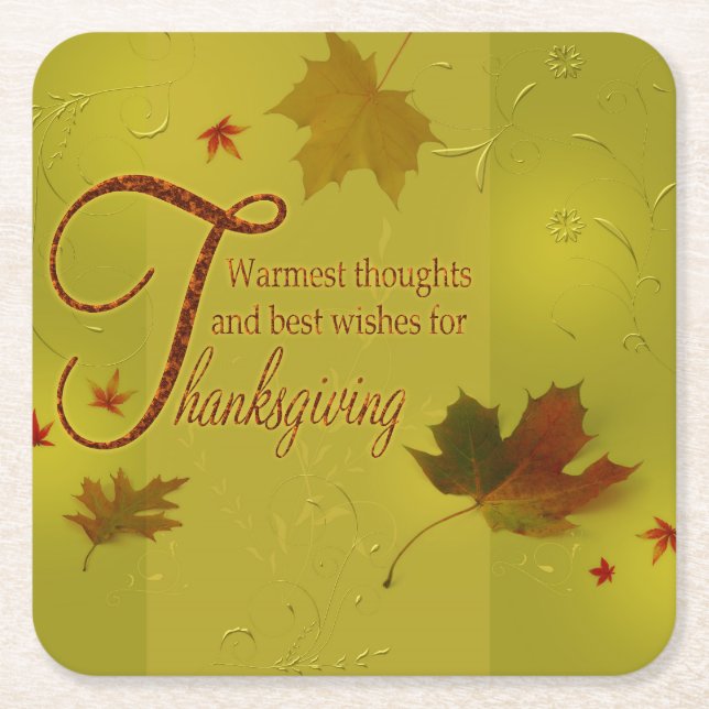 Thanksgiving Wishes Typography Leaves Square Paper Coaster (Front)