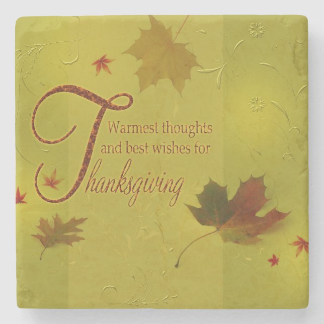Thanksgiving Wishes Typography Leaves Stone Coaster (Front)