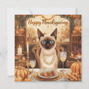 Thanksgiving with pumpkin and flower for cat lover holiday card