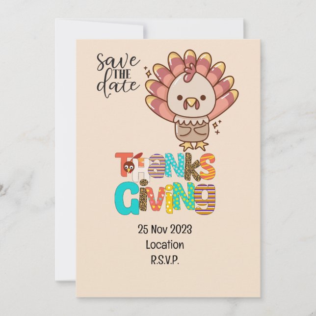 Thanksgiving  with Turkey save the date invitation (Front)