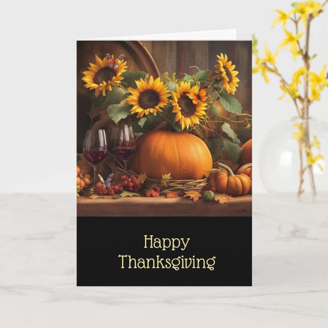 Thanksgiving with Wine Sunflowers Pumpkins  Card (Yellow Flower)