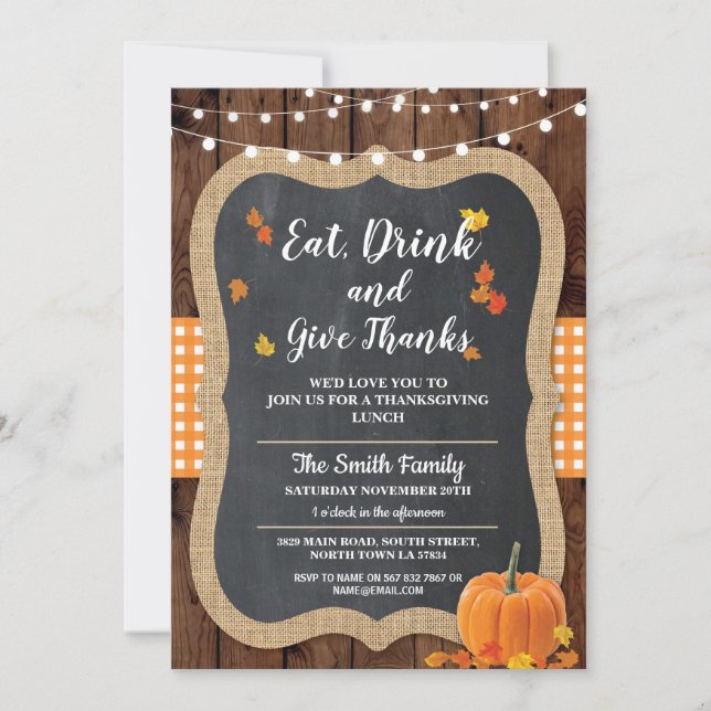 Thanksgiving Wood Give Thanks Rustic Lights Invite (Front)