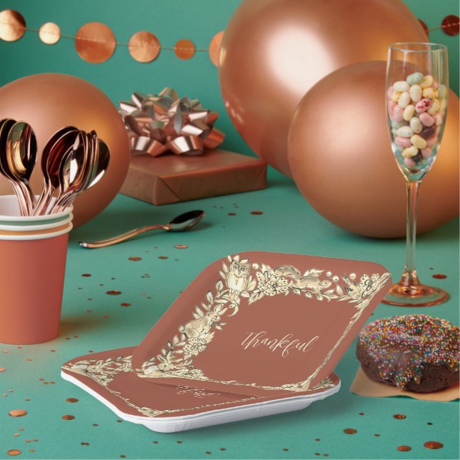 Thanksgiving Woodland Animal Rustic Fall Copper Pa Paper Plates (Multi)