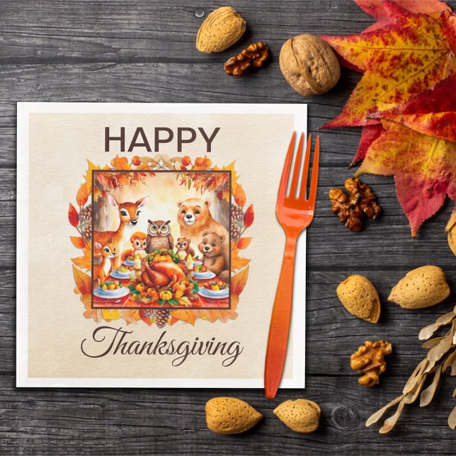 Thanksgiving Woodland Animals Autumn Leaves Paper Dinner Napkins (Creator Uploaded)