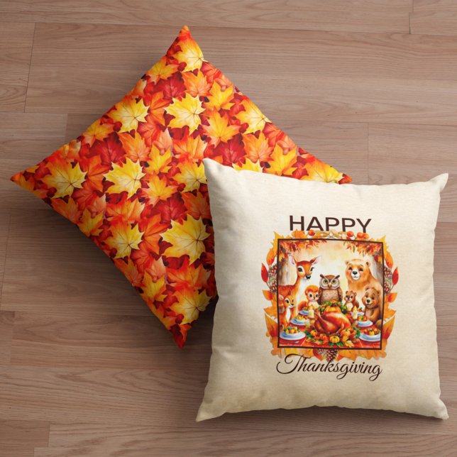 Thanksgiving Woodland Animals Autumn Leaves Throw Pillow (Creator Uploaded)
