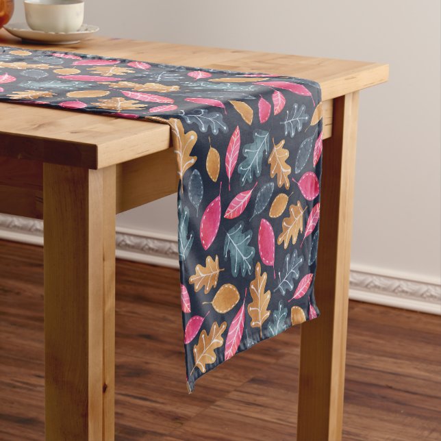 Thanksgiving Woodland Modern Leaf Pattern Short Table Runner (In Situ)
