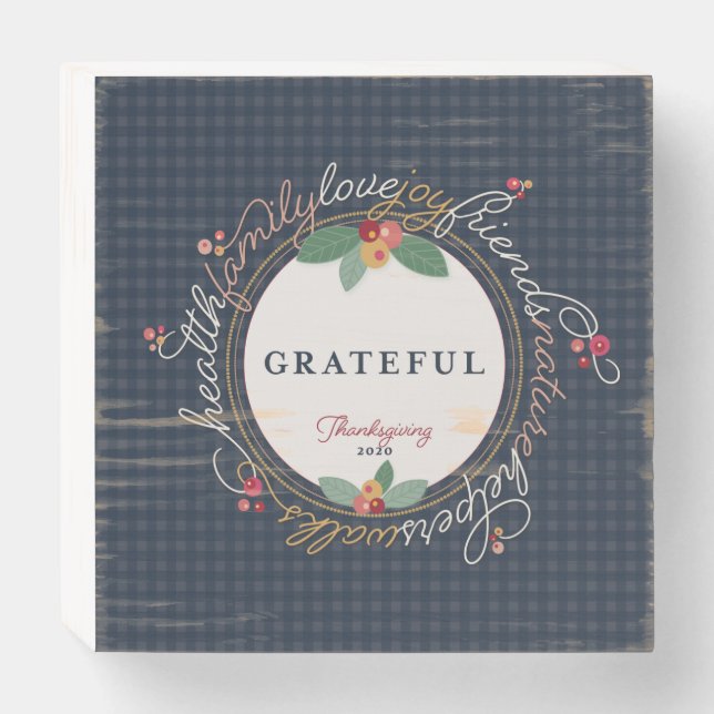 Thanksgiving Word Wreath Gratitude Inspirational Wooden Box Sign (Front Horizontal)