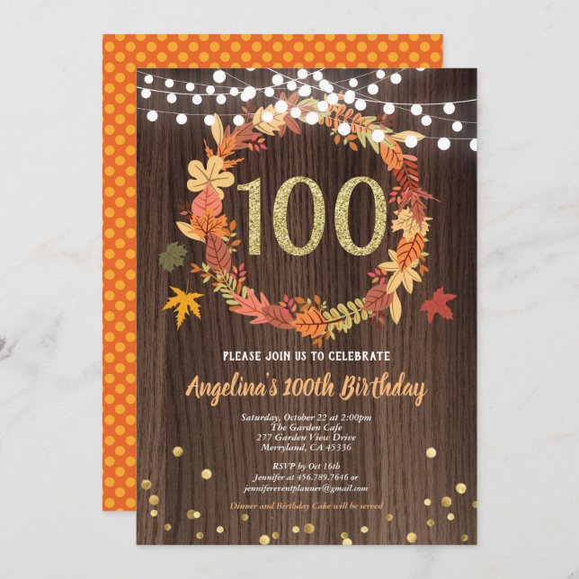 Thanksgiving wreath birthday party dinner gold invitation (Front/Back)