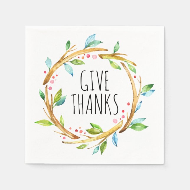 Thanksgiving Wreath & Give Thanks Template Paper Napkins (Front)