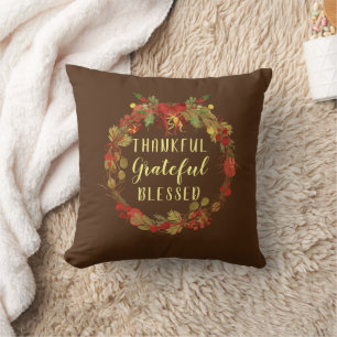 Thanksgiving Wreath Thankful Grateful Blessed Throw Pillow