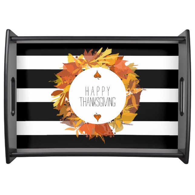 Thanksgiving Wreath With Black & White Stripes Serving Tray (Front)