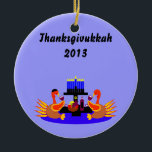 Thanksgivukkah Wine Toasting Turkeys Ornament<br><div class="desc">A funny Thanksgivukkah design on multiple products and giftware featuring an original design by c.a.teresa of two wine toasting turkeys, one wearing a yamaka, with a menorah, Star of David to celebrate the combined Thanksgiving and Hanukkah Jewish Holiday. All products can be customized with different styles and colors and personalized...</div>