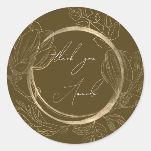 ThankYou Name Floral Brown Gold Wedding Bridal  Classic Round Sticker