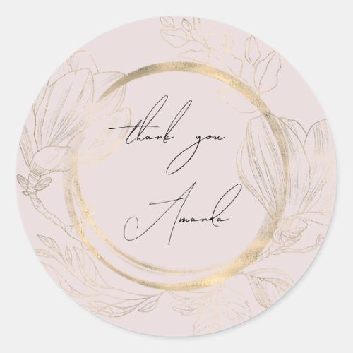 ThankYou Name Floral Pink Gold Wedding Bridal    Classic Round Sticker