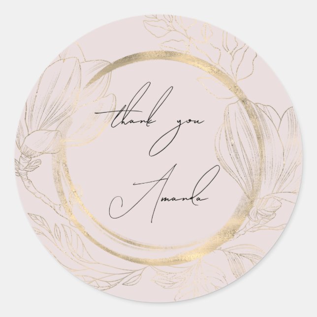 ThankYou Name Floral Powder Gold Wedding Bridal  Classic Round Sticker (Front)
