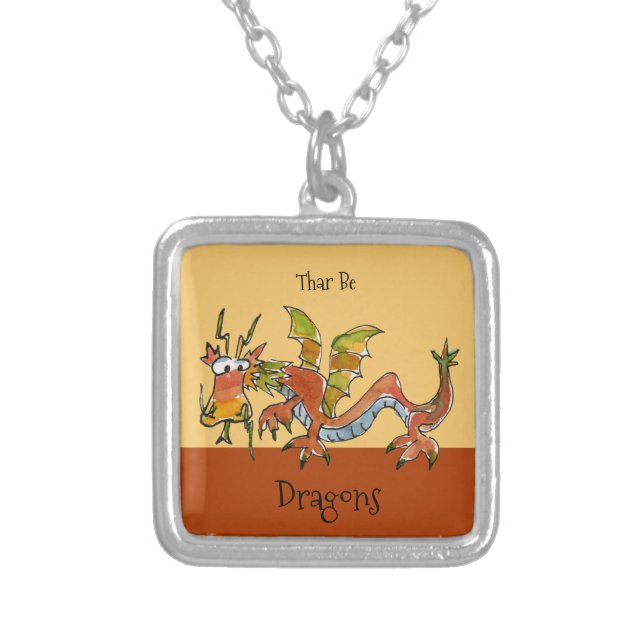 Thar Be Dragons Silver Plated Necklace (Front)