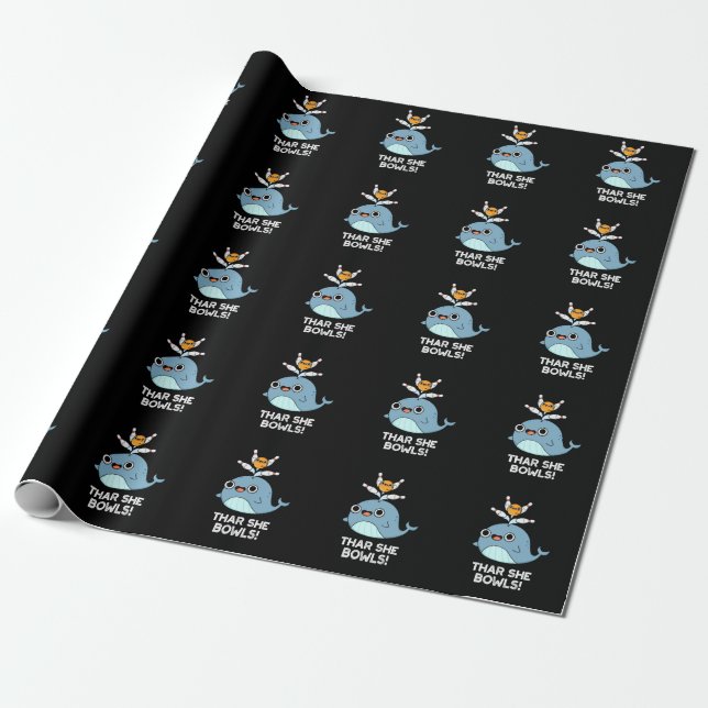 Thar She Bowls Funny Whale Bowling Pun Dark BG Wrapping Paper (Unrolled)