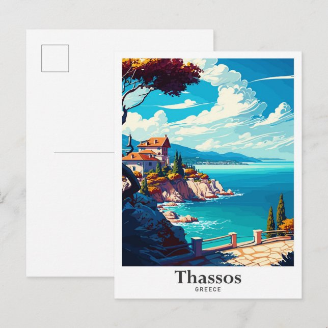 Thassos Greece Art Vintage Travel Illustration Postcard (Front/Back)