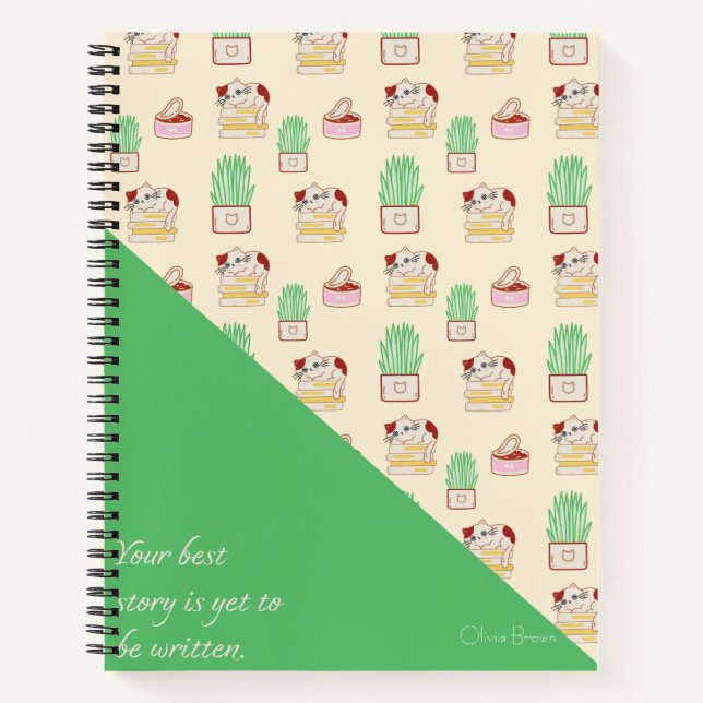 That Cat Life Cat Pattern Green Beige with Name Notebook (Front)