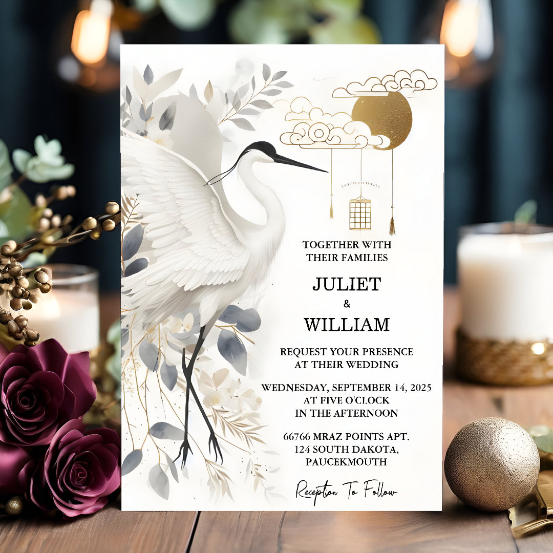 That Feather Rustic Asian Sky Cloud Crane Wedding                    Invitation