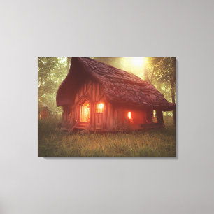 THATCHED COTTAGE CABIN FANTASY ART WRAPPED CANVAS PRINT