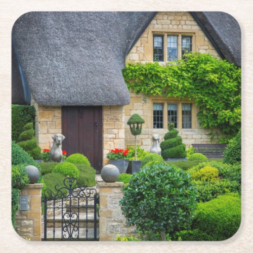 Thatched roof cottage square paper coaster