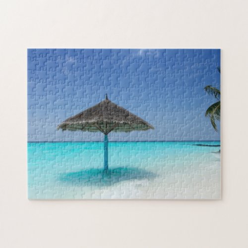 Thatched Umbrella on Turquoise Tropical Beach Jigsaw Puzzle