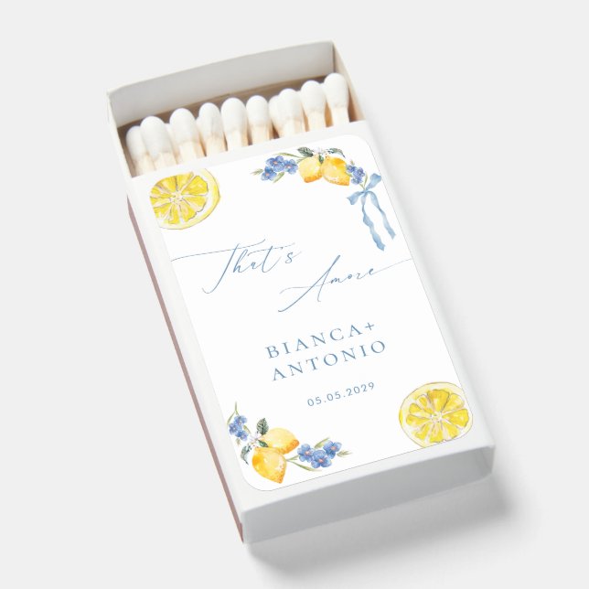 That's Amore Blue Bow Lemons Italian Wedding Favor Matchboxes (Front Open)