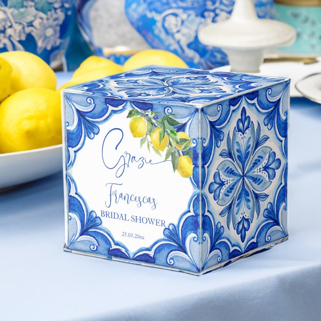 That's amore Blue tile lemon Italian bridal shower Favor Boxes (That's amore vintage Italian Blue tiles lemons bridal shower printed bonboniere candy Favor Boxes)