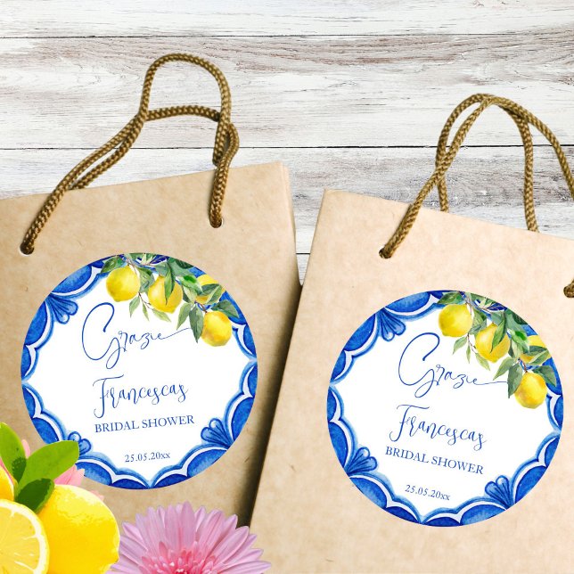 That's amore Blue tile lemon Italian favor Classic Round Sticker (That's amore Blue tile lemon vintage Italian bridal shower thank you favor printed Sticker template)