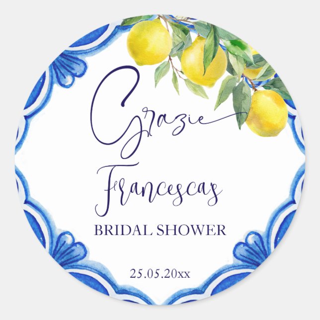 That's amore Blue tile lemon Italian favor Classic Round Sticker (Front)