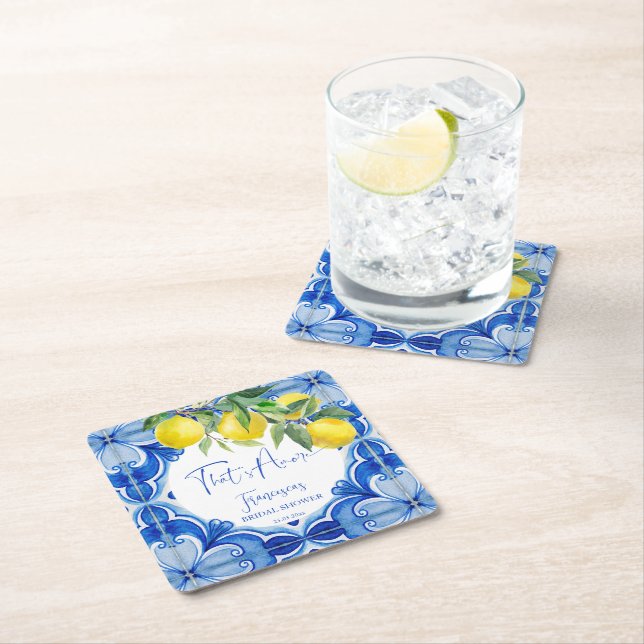 Thats amore Blue tiles Italian bridal shower favor Square Paper Coaster (Insitu)